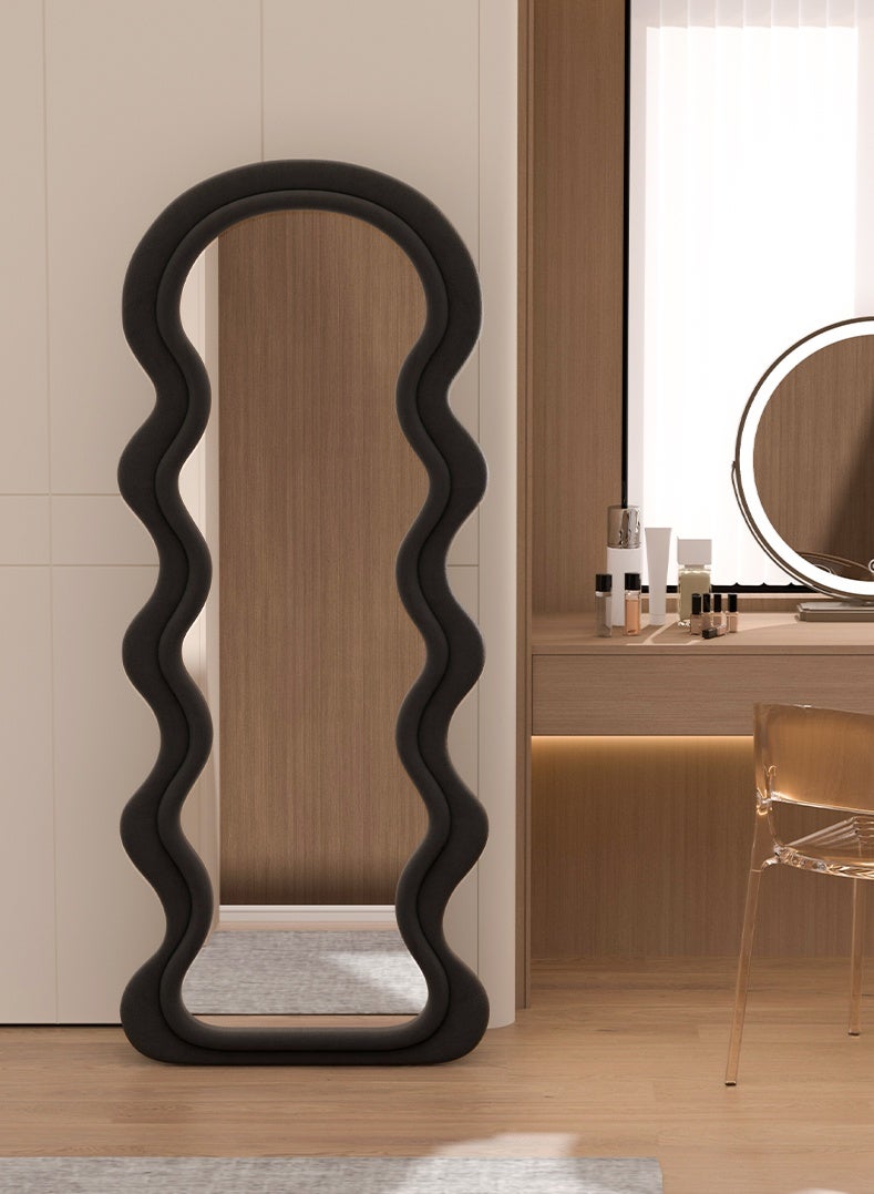 Double-Layer Wave Full Length Mirror, Black Floor Mirror with Foldable Stand for Bedroom & Dressing Room, Black - Image 1
